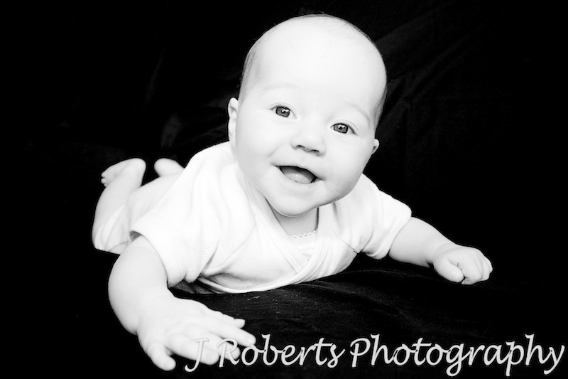 B&W of laughing baby - baby portrait photography sydney